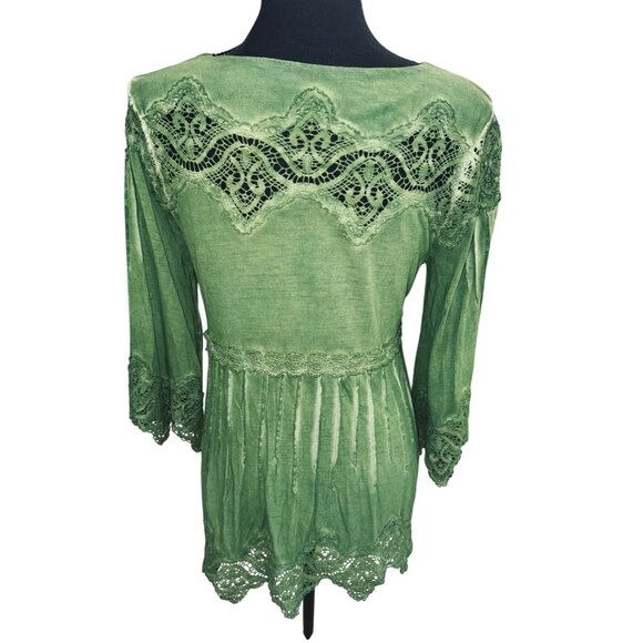 Soft Surroundings Petite S Boho Cottage Core Green Tunic Top Lace Trim V-Neck - Picture 2 of 9